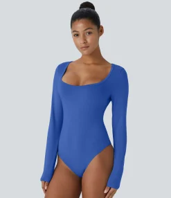 Work Tops|Bodysuits<HALARA U Neck Long Sleeve Snap Skinny Work Bodysuit