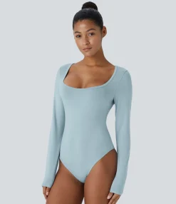 Work Tops|Bodysuits<HALARA U Neck Long Sleeve Snap Skinny Work Bodysuit