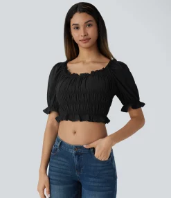 Casual Tops<HALARA U Neck Puff Sleeve Frill Shirred Cropped Casual Linen-Feel Top