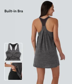 Mini Dresses|Active Dresses<HALARA U Neck Racerback Contrast Mesh 2-Piece Pocket Mini Yoga Active Dress