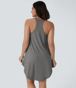 Dresses|Mini Dresses<HALARA U Neck RacerPocket High Low Curved Hem Mini Dress