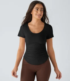 Sports Tops|Sports Tops<HALARA U Neck Short Sleeve Cut Out Ruched Curved Hem Yoga Sports Top