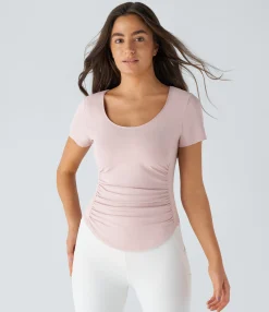 Sports Tops|Sports Tops<HALARA U Neck Short Sleeve Cut Out Ruched Curved Hem Yoga Sports Top