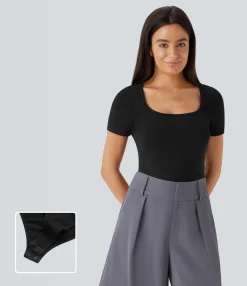 Bodysuits<HALARA U Neck Short Sleeve Snap Skinny Work Bodysuit