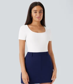 Bodysuits<HALARA U Neck Short Sleeve Snap Skinny Work Bodysuit