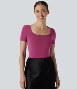 Bodysuits<HALARA U Neck Short Sleeve Snap Skinny Work Bodysuit