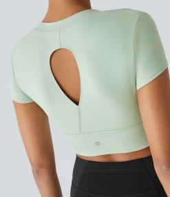 Yoga Tops|Sports Tops<HALARA U Neck Short Sleeve Teardrop Cut Out Cropped Yoga Sports Top Light Bean Green