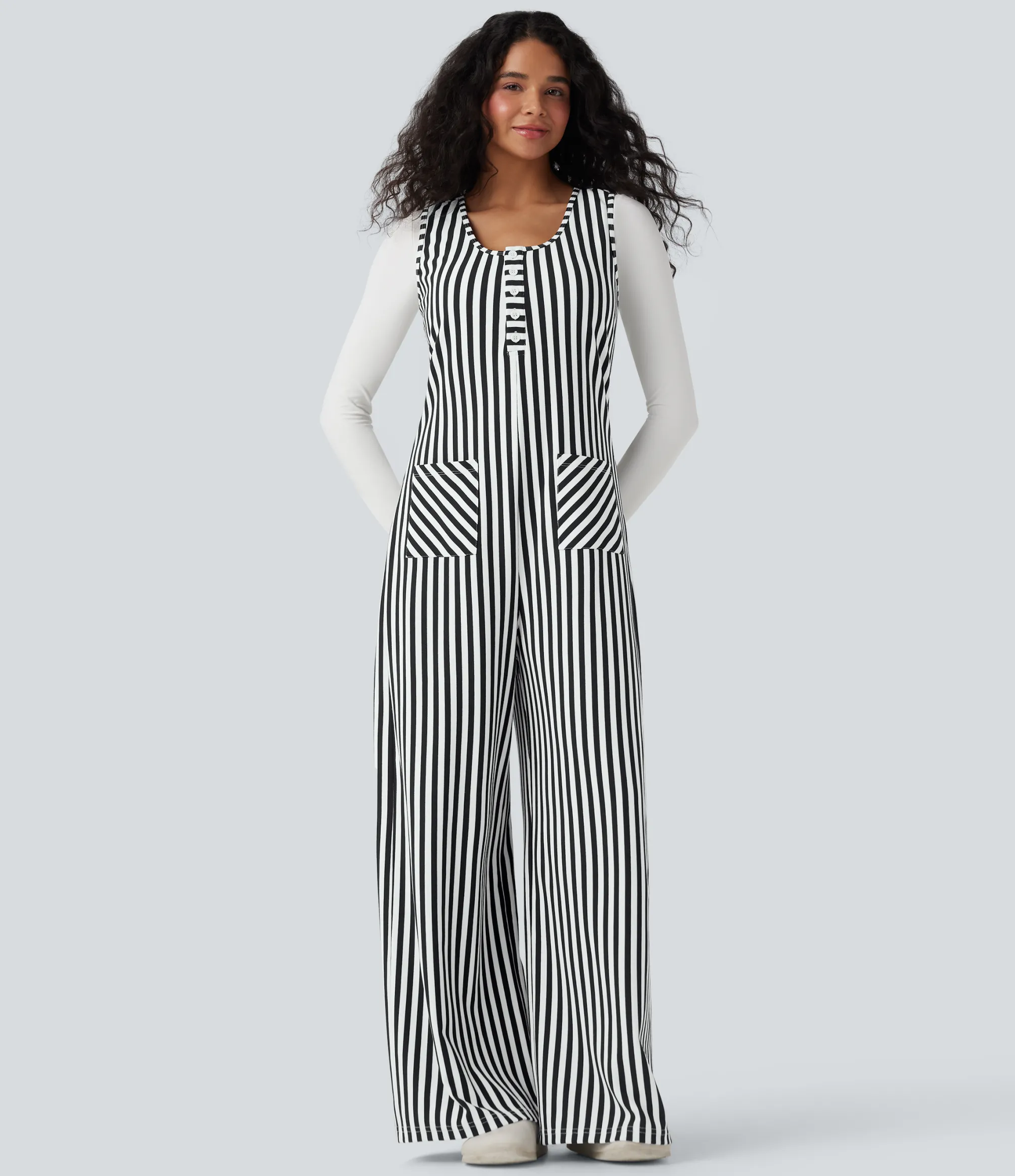 Jumpsuits<HALARA U-Neck Sleeveless Stripe Waffle Casual Jumpsuit with Pockets
