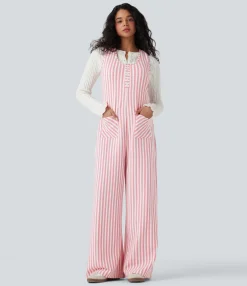 Jumpsuits<HALARA U-Neck Sleeveless Stripe Waffle Casual Jumpsuit with Pockets