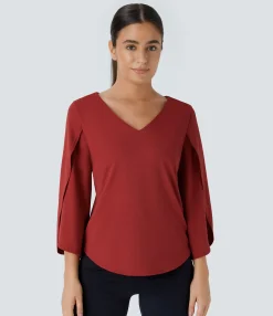 Work Tops<HALARA V Neck 3/4 Sleeve Curved Hem Work Top