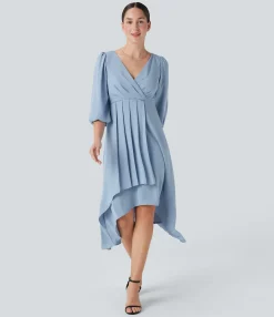 Maxi & Midi Dresses|Dresses<HALARA V Neck 3/4 Sleeve Pleated High Low Midi Casual Dress