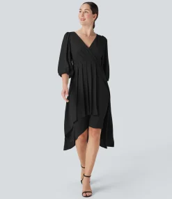 Maxi & Midi Dresses|Dresses<HALARA V Neck 3/4 Sleeve Pleated High Low Midi Casual Dress