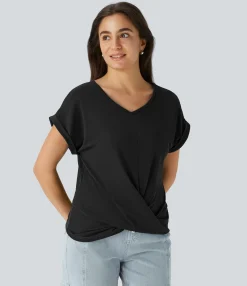 Casual Tops|Shirts Blouses<HALARA V Neck Batwing Sleeve Hem Casual Blouse