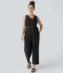 Jumpsuits<HALARA V Neck Belted Pocket Casual Jumpsuit
