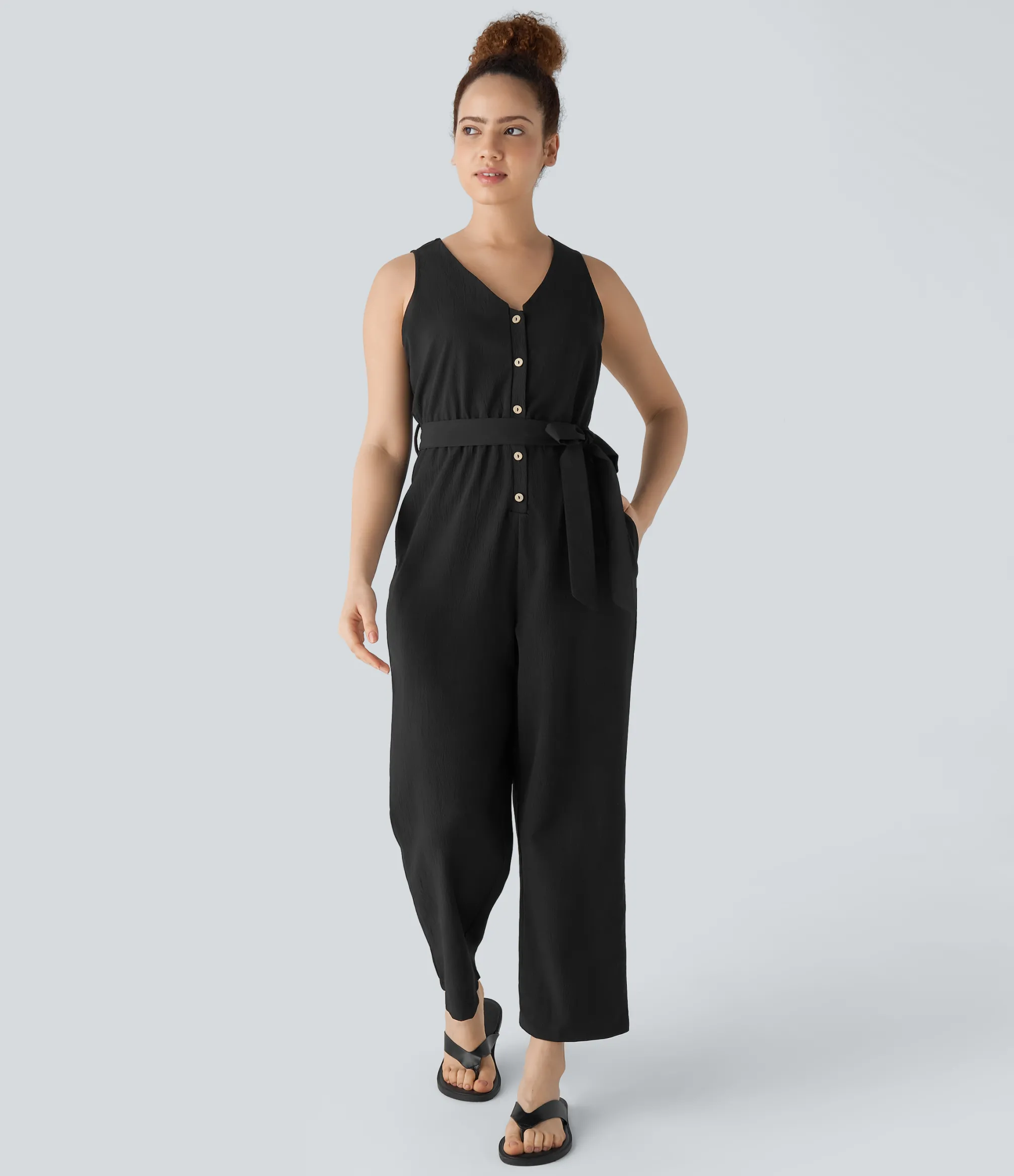 Jumpsuits<HALARA V Neck Belted Pocket Casual Jumpsuit