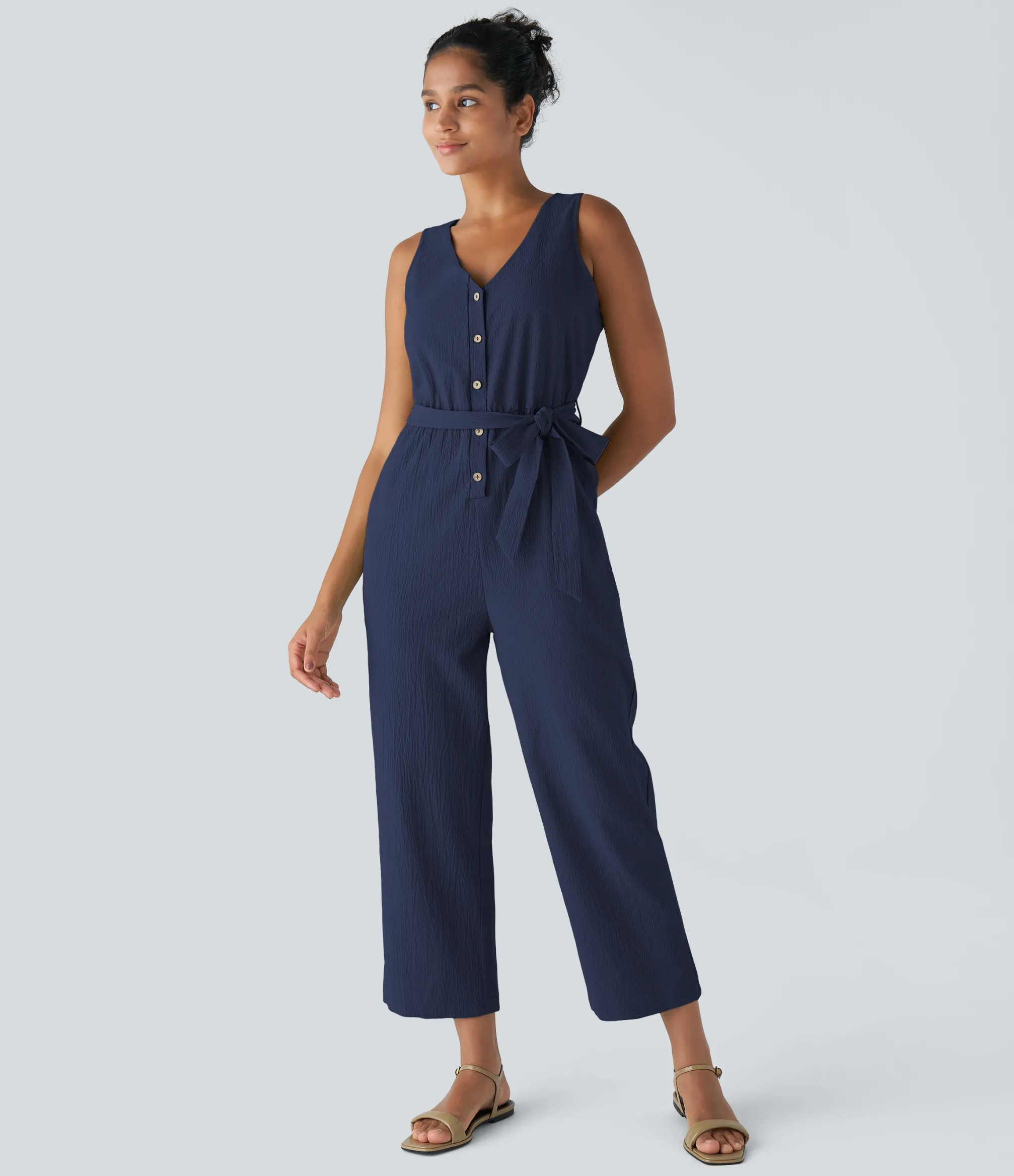 Jumpsuits<HALARA V Neck Belted Pocket Casual Jumpsuit