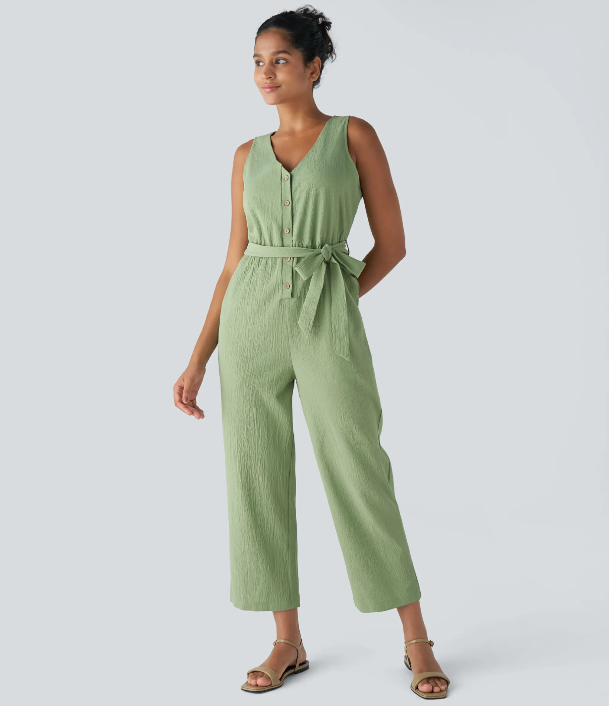 Jumpsuits<HALARA V Neck Belted Pocket Casual Jumpsuit