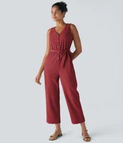 Jumpsuits<HALARA V Neck Belted Pocket Casual Jumpsuit