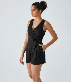 Jumpsuits<HALARA V Neck Belted Pocket Waffle Casual Jumpsuit