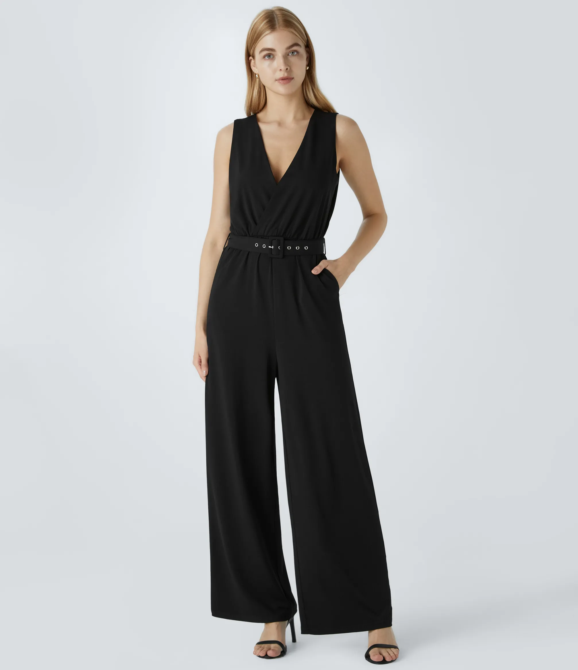 Jumpsuits<HALARA V Neck Belted Pocket Work Jumpsuit