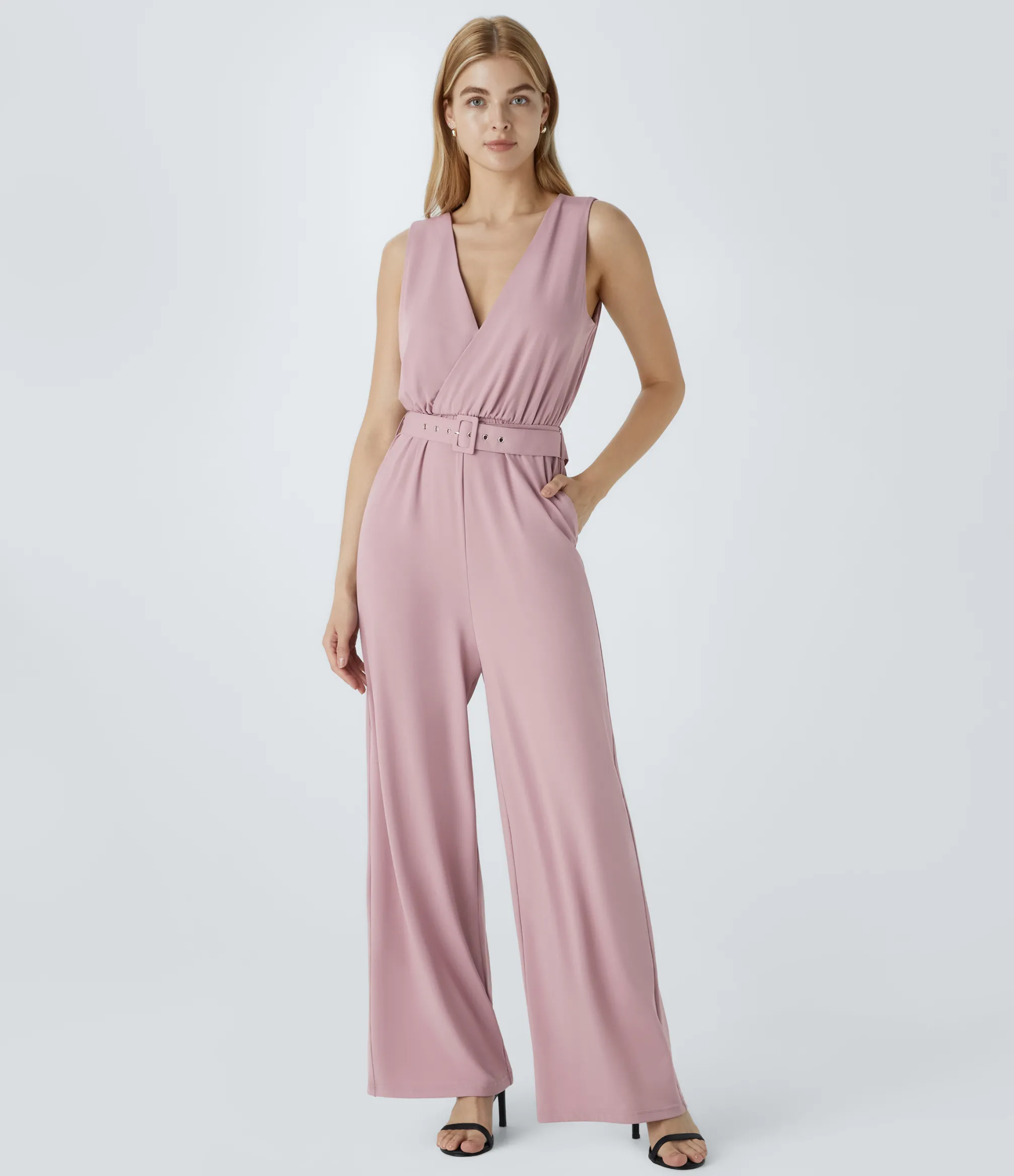 Jumpsuits<HALARA V Neck Belted Pocket Work Jumpsuit