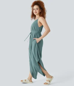 Jumpsuits<HALARA V Neck Belted Pockets Oversize Linen-Feel Jumpsuit