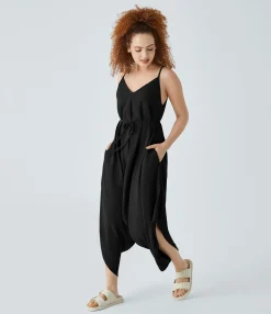 Jumpsuits<HALARA V Neck Belted Pockets Oversize Linen-Feel Jumpsuit
