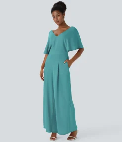 Jumpsuits<HALARA V Neck Butterfly Sleeve Pocket Flowy Wide Leg Jumpsuit