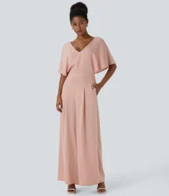 Jumpsuits<HALARA V Neck Butterfly Sleeve Pocket Flowy Wide Leg Jumpsuit