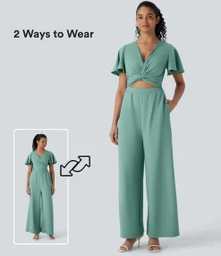 Jumpsuits<HALARA V Neck Butterfly Sleeve Tie Pocket Wide Leg Flowy Casual Jumpsuit