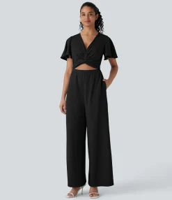 Jumpsuits<HALARA V Neck Butterfly Sleeve Tie Pocket Wide Leg Flowy Casual Jumpsuit