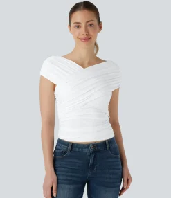 Casual Tops<HALARA V Neck Cap Sleeve Crossover Ruched Skinny Casual Top