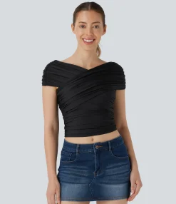 Casual Tops<HALARA V Neck Cap Sleeve Crossover Ruched Skinny Casual Top