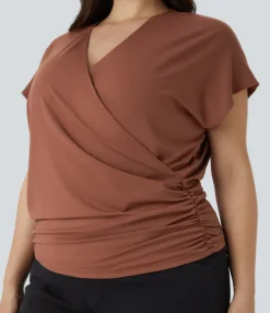 Work Tops|Plus Size<HALARA V Neck Cap Sleeve Crossover Ruched Solid Work Plus Size Blouse