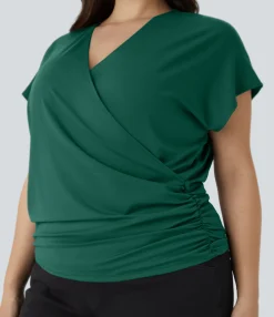 Work Tops|Plus Size<HALARA V Neck Cap Sleeve Crossover Ruched Solid Work Plus Size Blouse