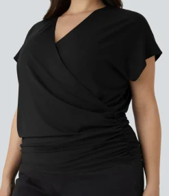 Work Tops|Plus Size<HALARA V Neck Cap Sleeve Crossover Ruched Solid Work Plus Size Blouse