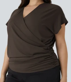 Work Tops|Plus Size<HALARA V Neck Cap Sleeve Crossover Ruched Solid Work Plus Size Blouse