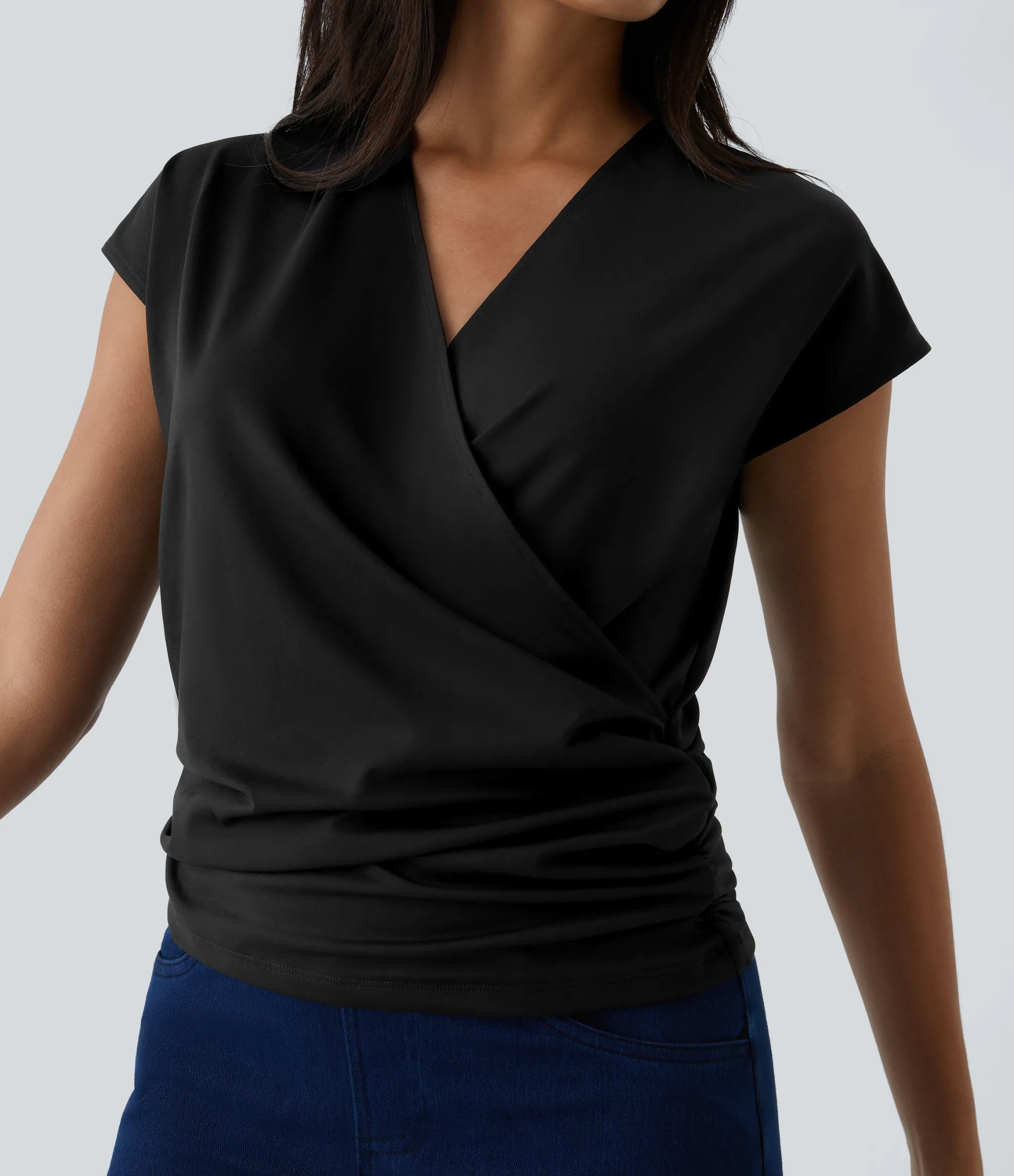 Work Tops|Shirts Blouses<HALARA V Neck Cap Sleeve Crossover Ruched Solid Work Blouse