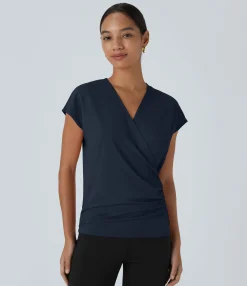 Work Tops|Shirts Blouses<HALARA V Neck Cap Sleeve Crossover Ruched Solid Work Blouse