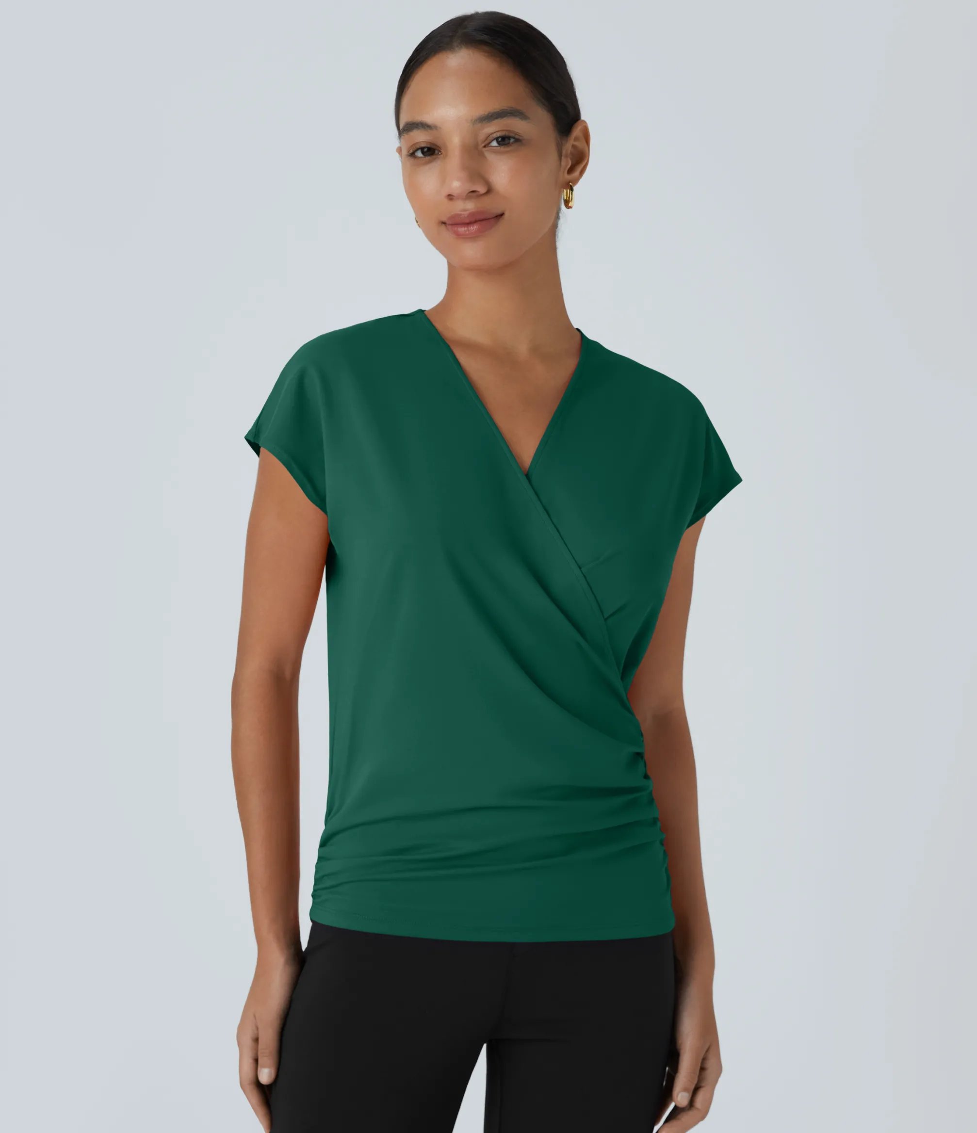 Work Tops|Shirts Blouses<HALARA V Neck Cap Sleeve Crossover Ruched Solid Work Blouse