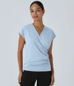 Work Tops|Shirts Blouses<HALARA V Neck Cap Sleeve Crossover Ruched Solid Work Blouse