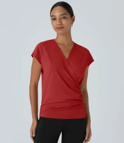 Work Tops|Shirts Blouses<HALARA V Neck Cap Sleeve Crossover Ruched Solid Work Blouse