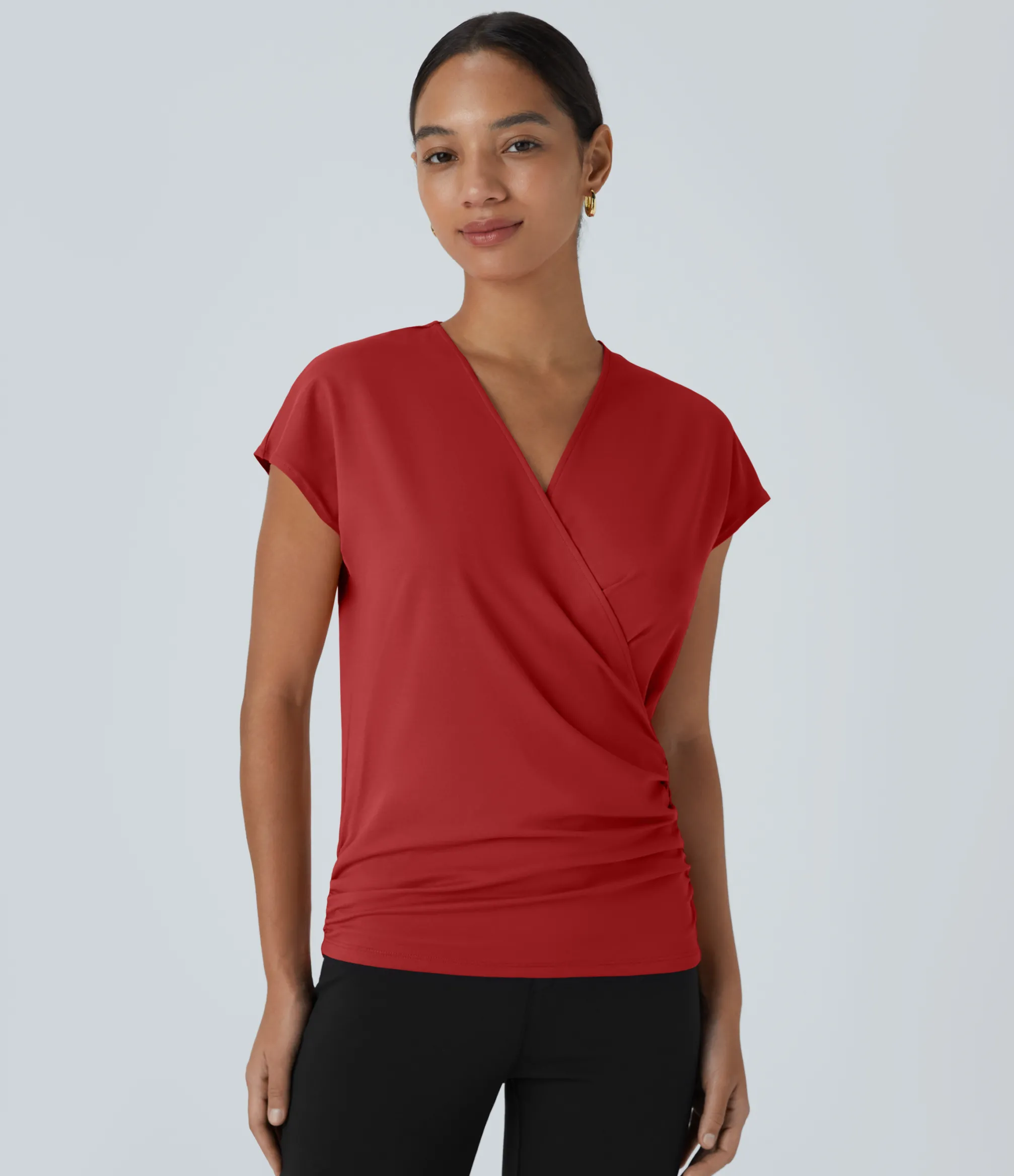 Work Tops|Shirts Blouses<HALARA V Neck Cap Sleeve Crossover Ruched Solid Work Blouse