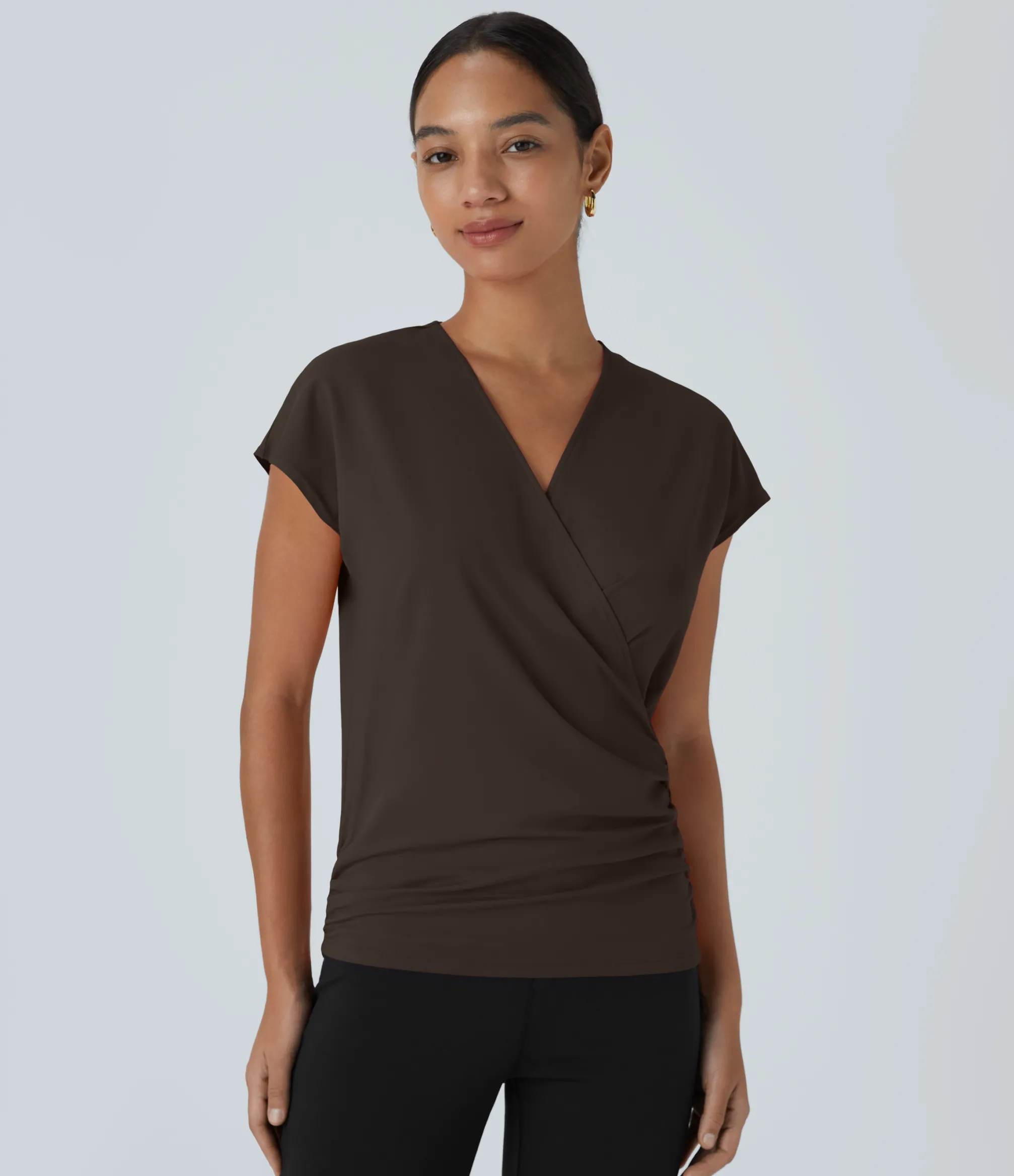 Work Tops|Shirts Blouses<HALARA V Neck Cap Sleeve Crossover Ruched Solid Work Blouse