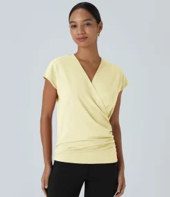 Work Tops|Shirts Blouses<HALARA V Neck Cap Sleeve Crossover Ruched Solid Work Blouse