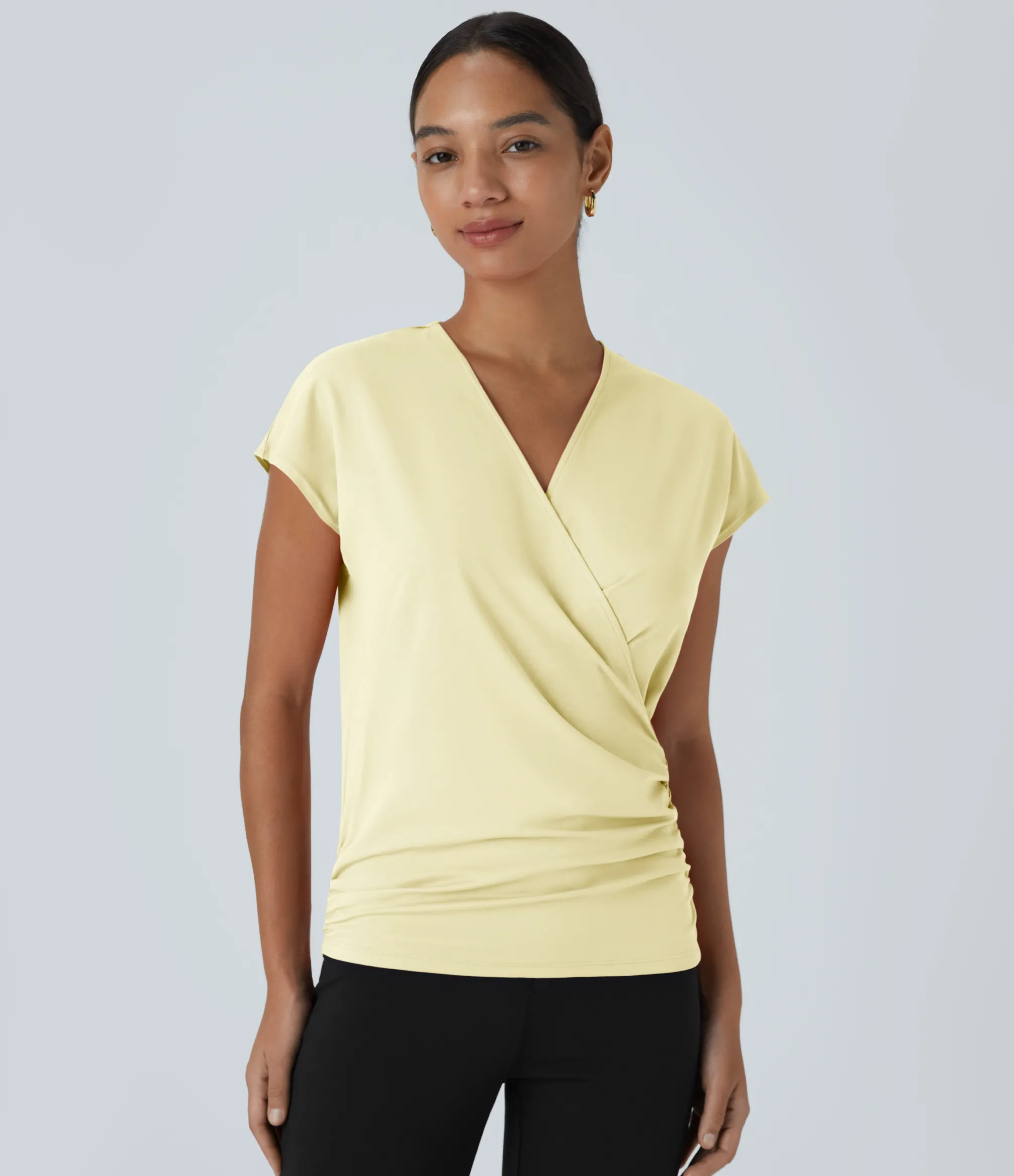 Work Tops|Shirts Blouses<HALARA V Neck Cap Sleeve Crossover Ruched Solid Work Blouse