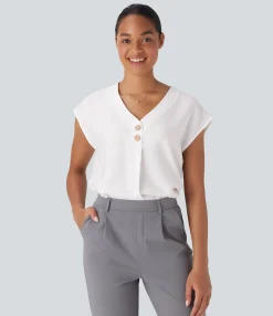 Shirts Blouses|Shirts & Blouses<HALARA V Neck Cap Sleeve Decorative Work Blouse