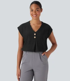 Shirts Blouses|Shirts & Blouses<HALARA V Neck Cap Sleeve Decorative Work Blouse