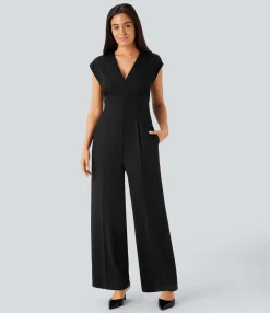 Jumpsuits<HALARA V Neck Cap Sleeve Pocket Work Jumpsuit