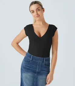 Casual Tops|Sports Tops<HALARA V Neck Cap Sleeve Slim Casual Sports Top
